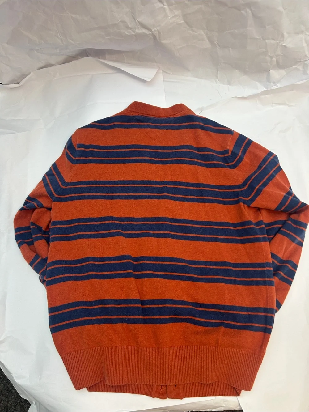 Tommy Hilfiger Men's Rust and Navy Striped V-Neck Cardigan